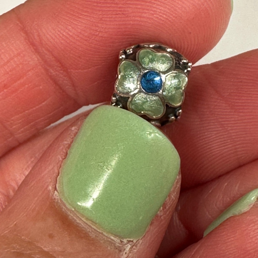 Pandora Sterling Silver Green Enamel Blue Crystal Flower Charm Bead for Bracelet